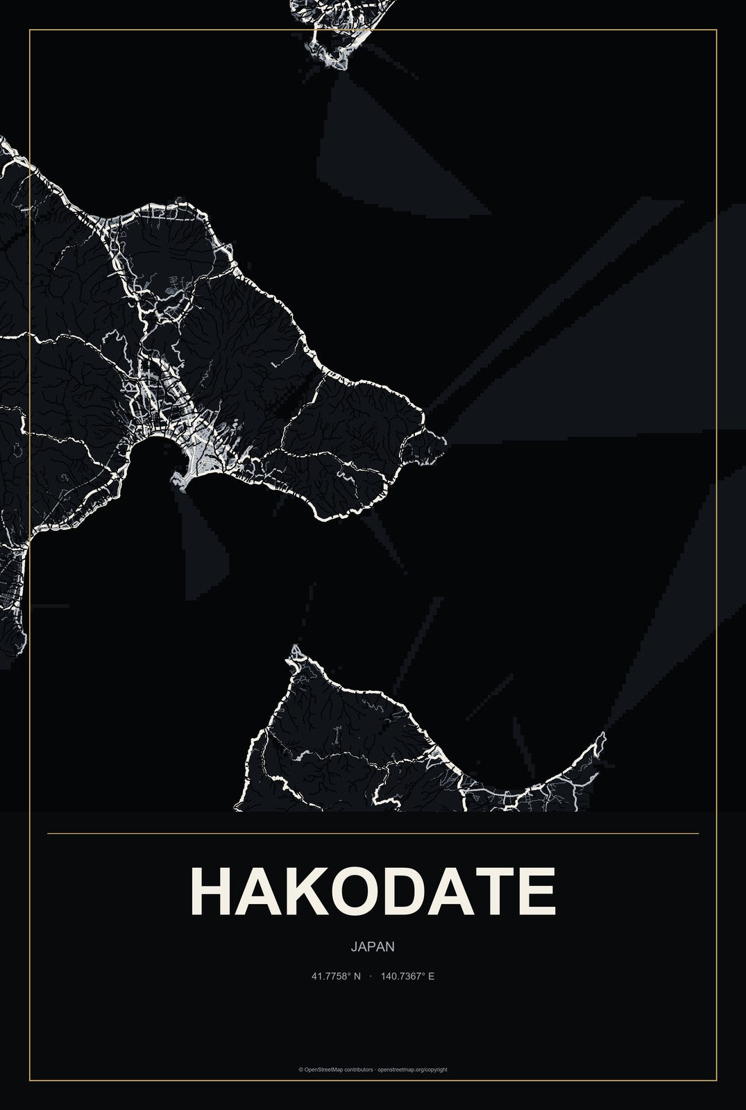 Hakodate, Japan City Map Aluminum Sign in Metropolitan Noir style
