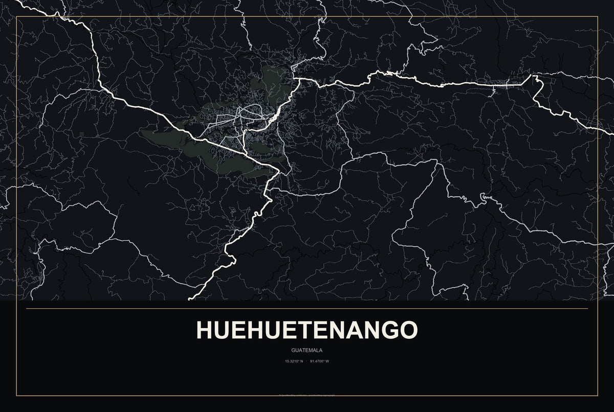 Huehuetenango, Guatemala City Map Aluminum Sign in Metropolitan Noir style