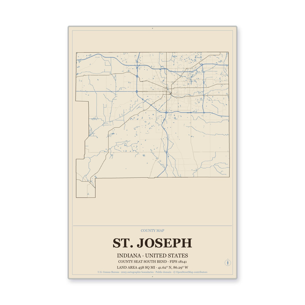 St. Joseph County, Indiana Map Aluminum Sign in Heritage Nautical style