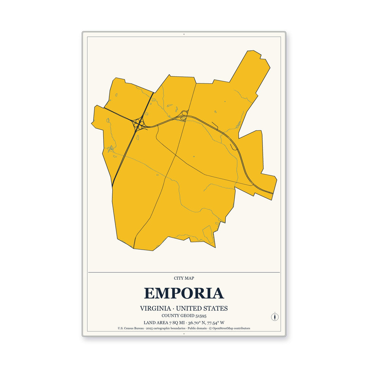 Emporia city, Virginia Map Aluminum Sign in Citrine Modern style