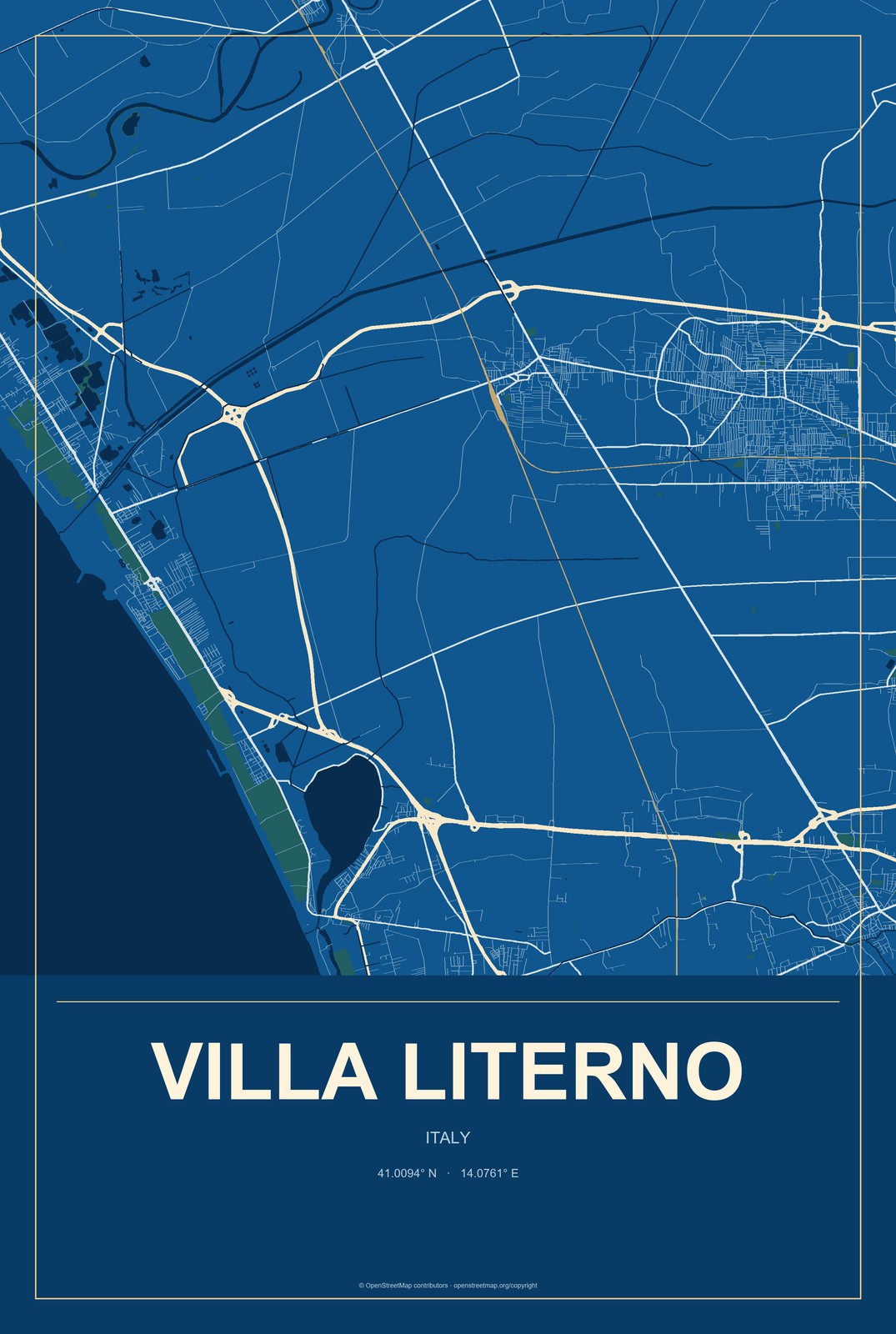 Villa Literno, Italy City Map Aluminum Sign in Harbor Cobalt style