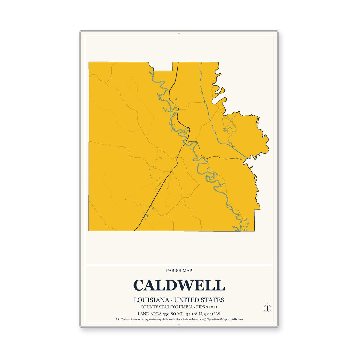 Caldwell Parish, Louisiana Map Aluminum Sign in Citrine Modern style
