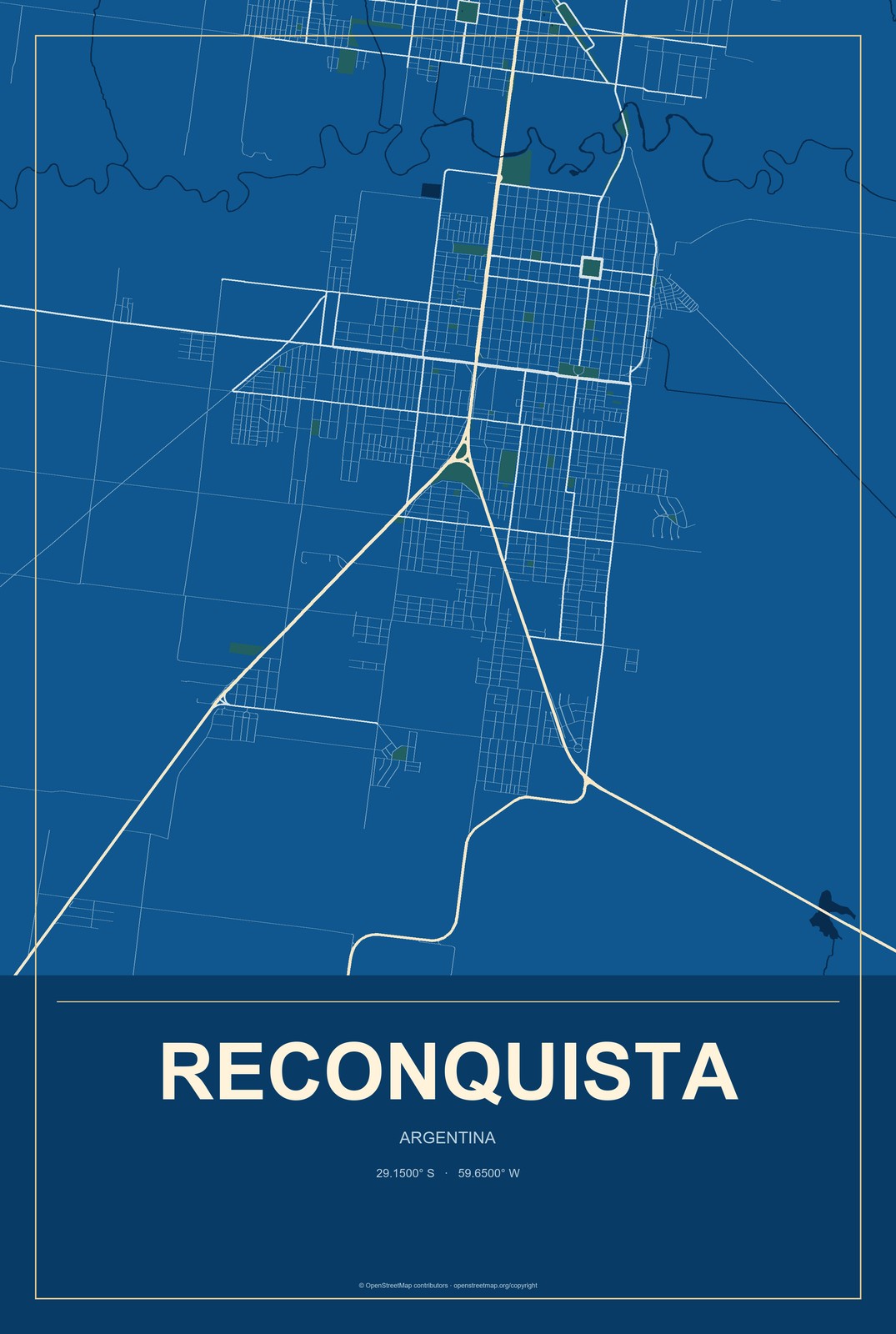 Reconquista, Argentina City Map Aluminum Sign in Harbor Cobalt style
