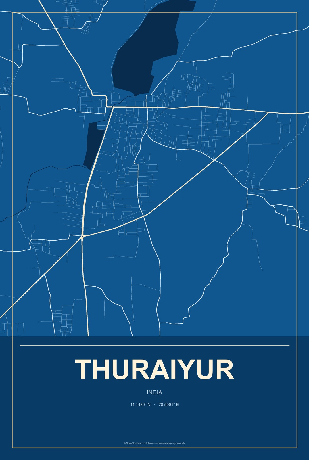 Thuraiyur, India City Map Aluminum Sign in Harbor Cobalt style
