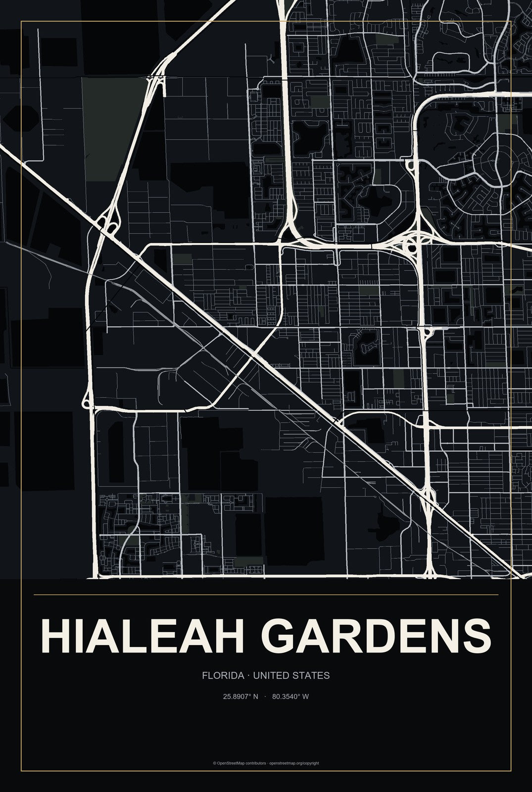 Hialeah Gardens, Florida City Map Aluminum Sign in Metropolitan Noir style