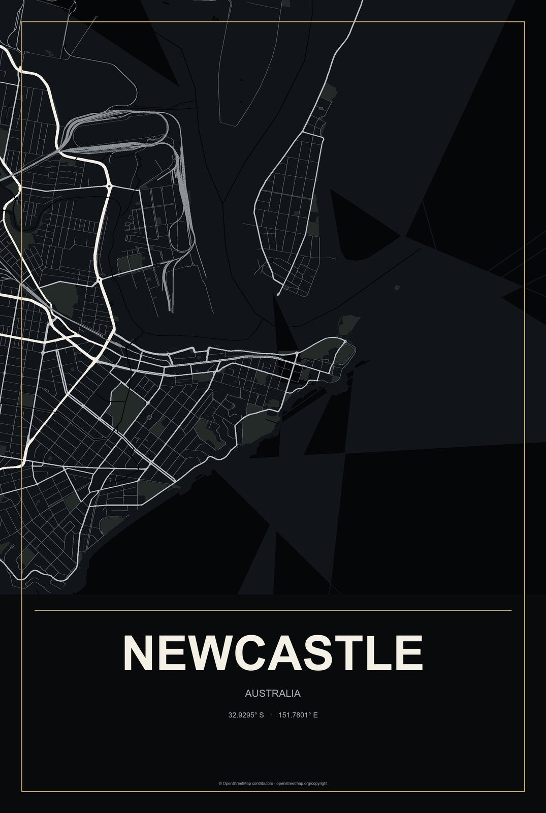Newcastle, Australia City Map Aluminum Sign in Metropolitan Noir style