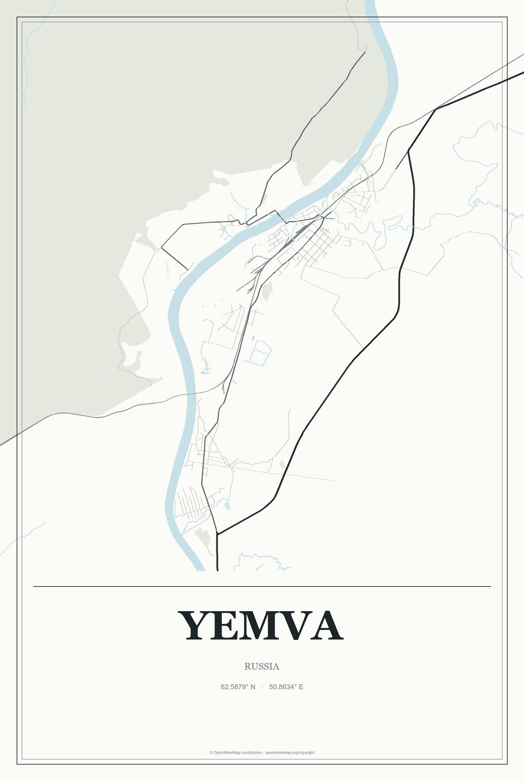 Yemva, Russia City Map Aluminum Sign in Gallery Air style