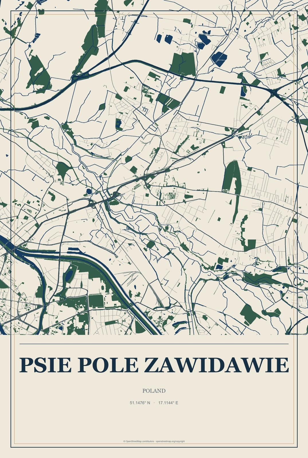 Psie Pole Zawidawie, Poland City Map Aluminum Sign in Coastal Cutout style