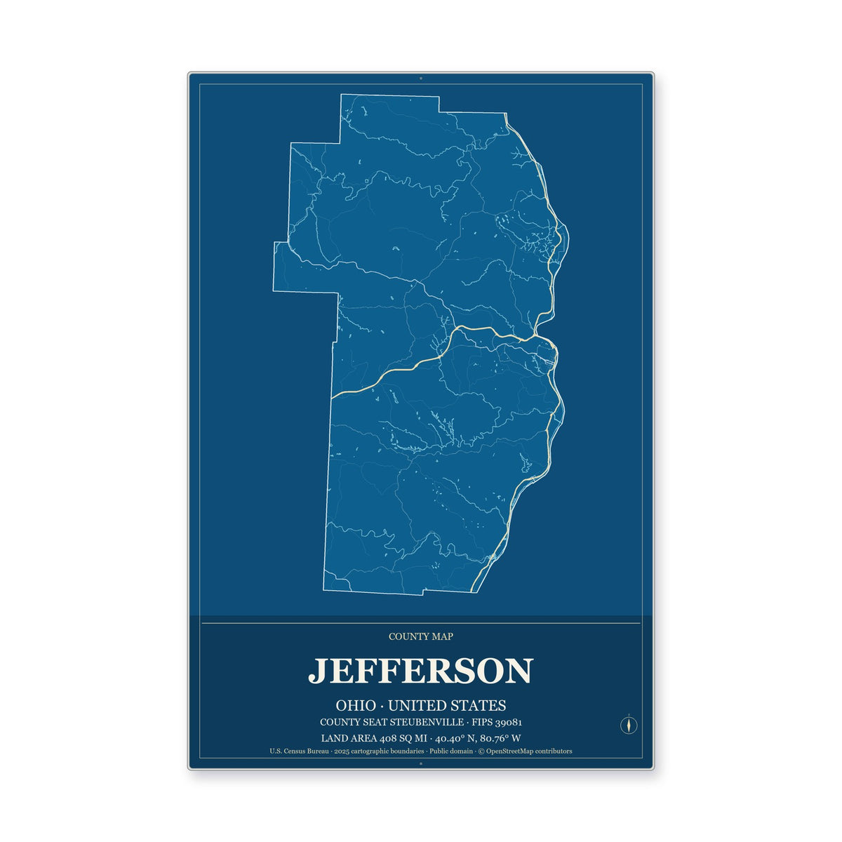 Jefferson County, Ohio Map Aluminum Sign in Harbor Cobalt style
