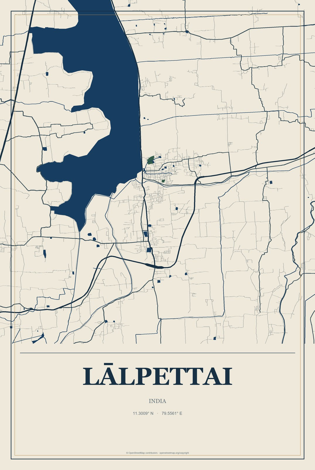 Lālpettai, India City Map Aluminum Sign in Coastal Cutout style