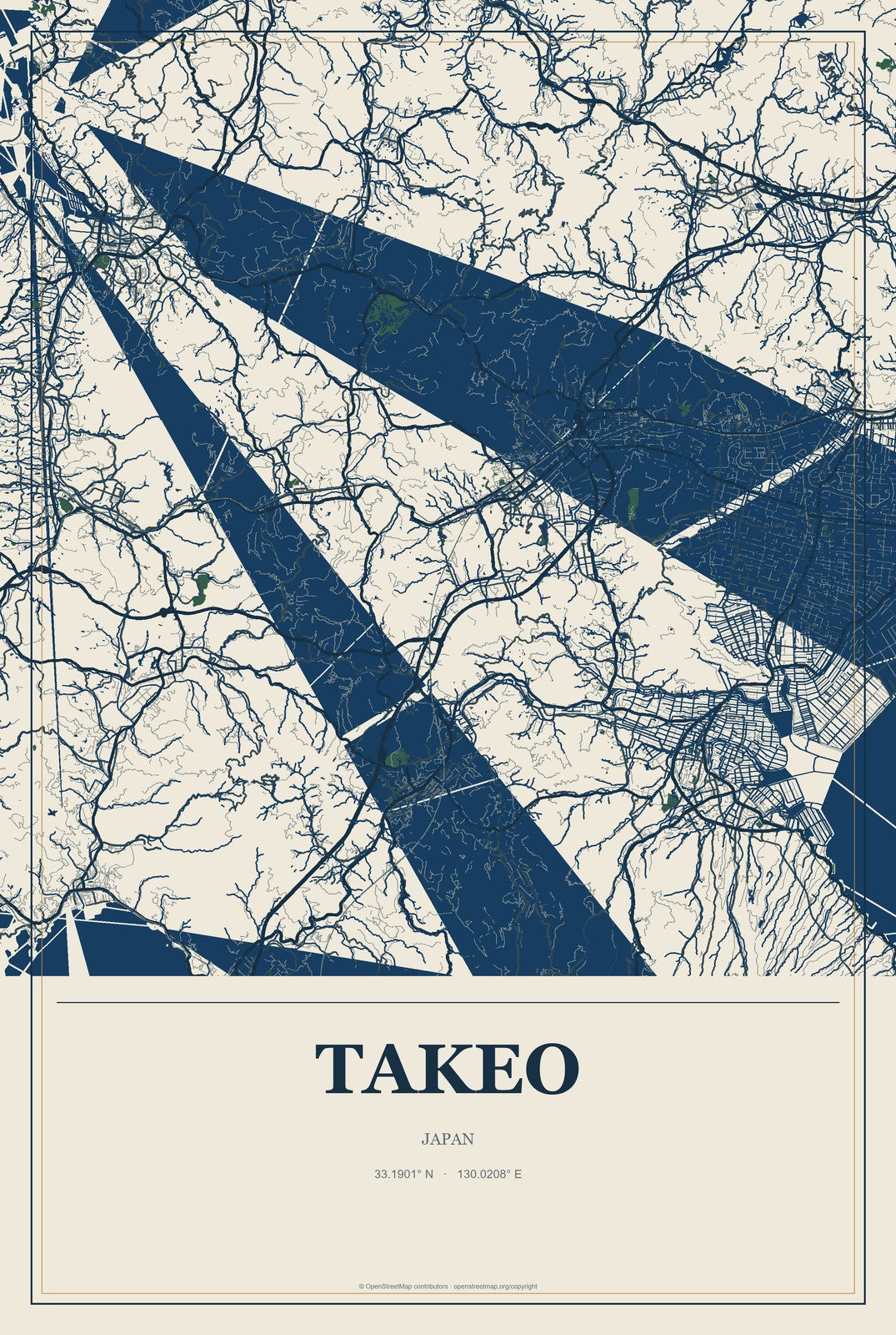 Takeo, Japan City Map Aluminum Sign in Coastal Cutout style