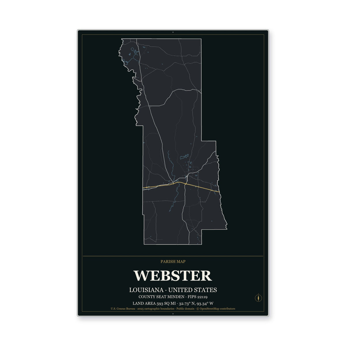 Webster Parish, Louisiana Map Aluminum Sign in Metropolitan Noir style