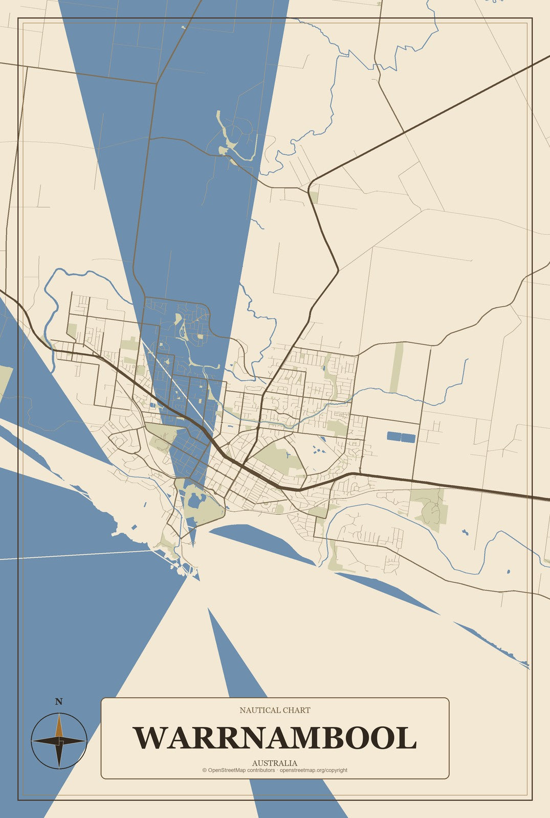 Warrnambool, Australia City Map Aluminum Sign in Heritage Nautical style