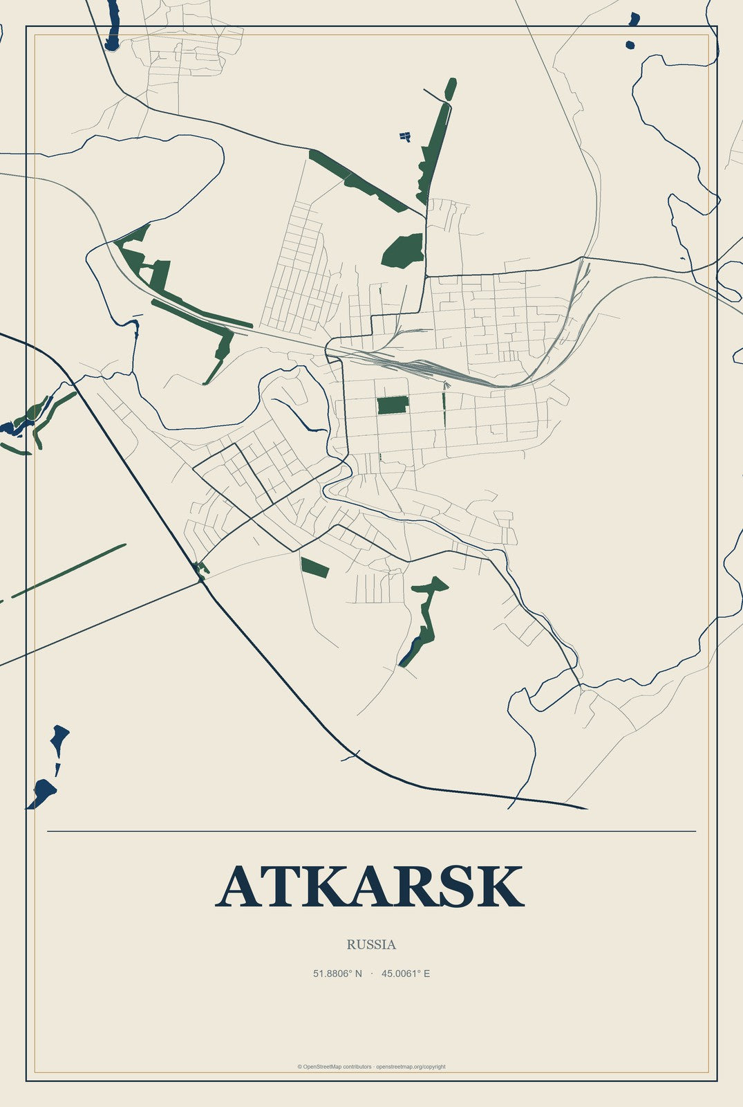 Atkarsk, Russia City Map Aluminum Sign in Coastal Cutout style