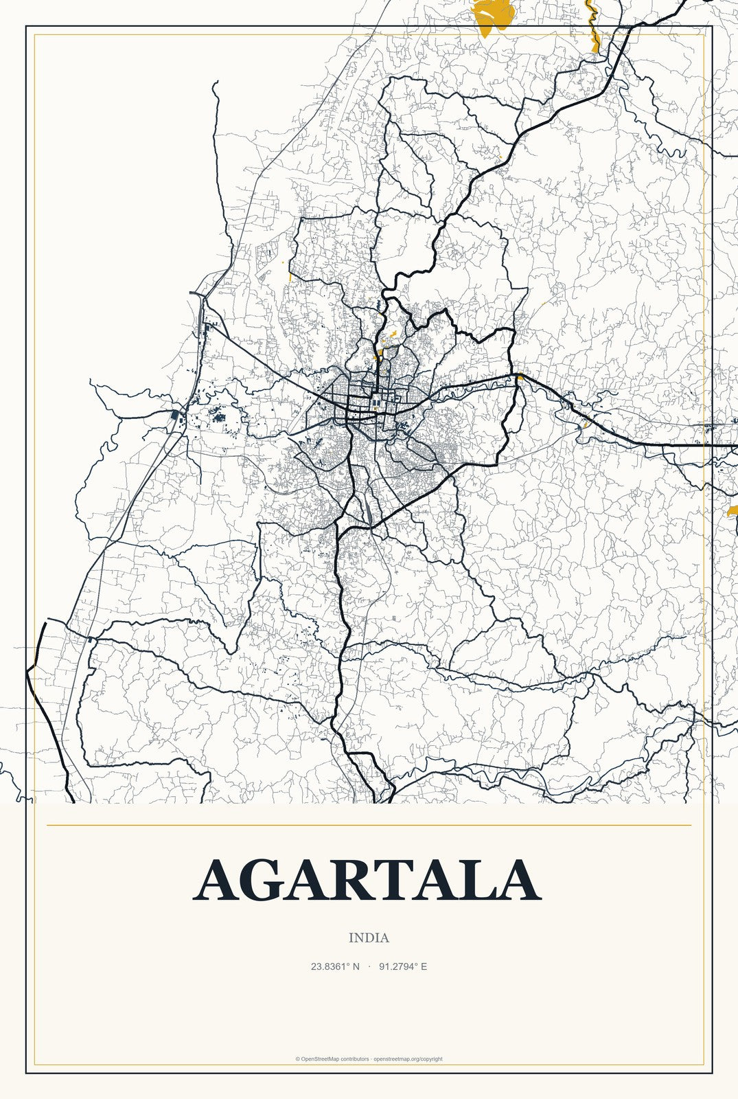 Agartala, India City Map Aluminum Sign in Citrine Modern style