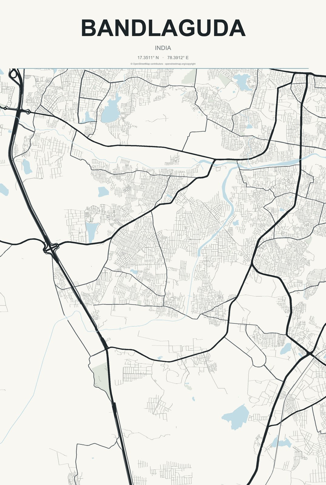 Bandlaguda, India City Map Aluminum Sign in Headline Atlas style