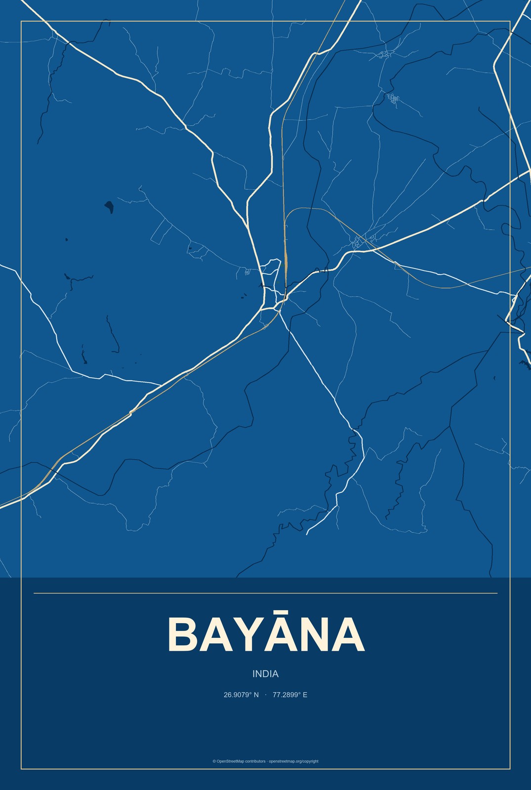 Bayāna, India City Map Aluminum Sign in Harbor Cobalt style