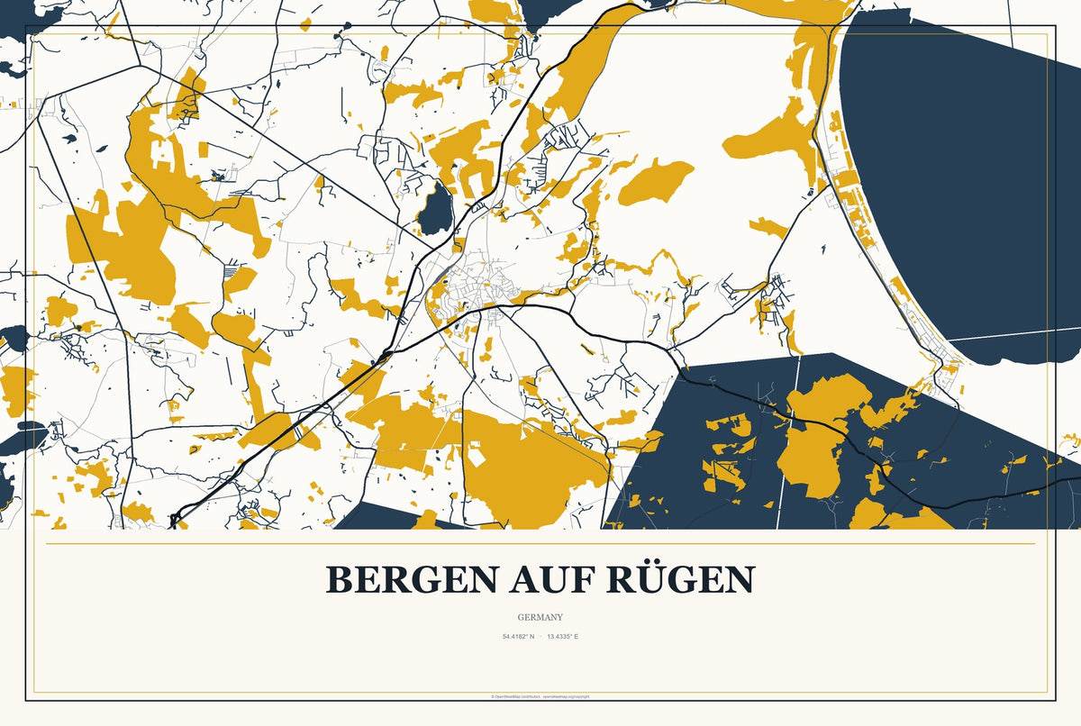 Bergen auf Rügen, Germany City Map Aluminum Sign in Citrine Modern style