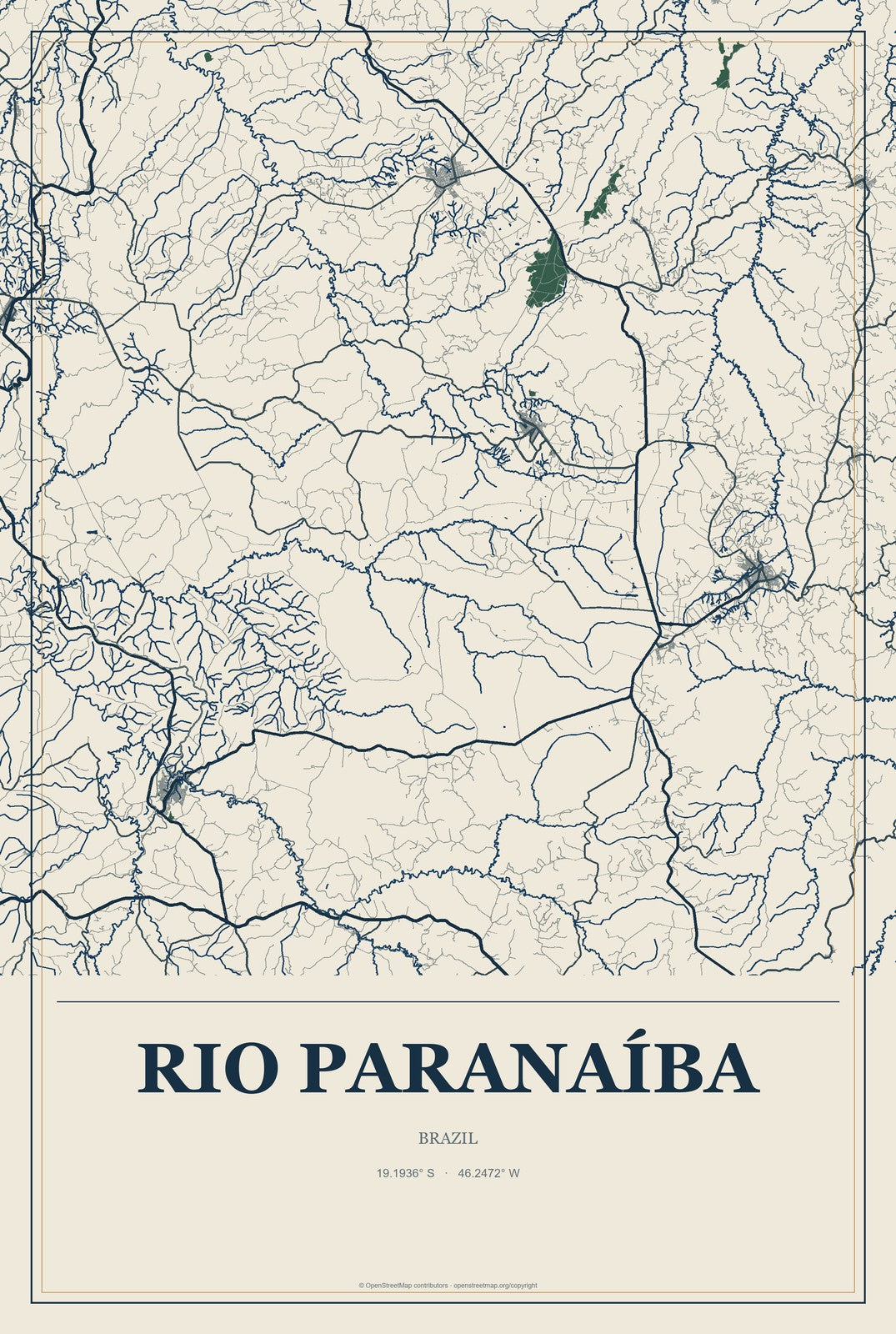Rio Paranaíba, Brazil City Map Aluminum Sign in Coastal Cutout style