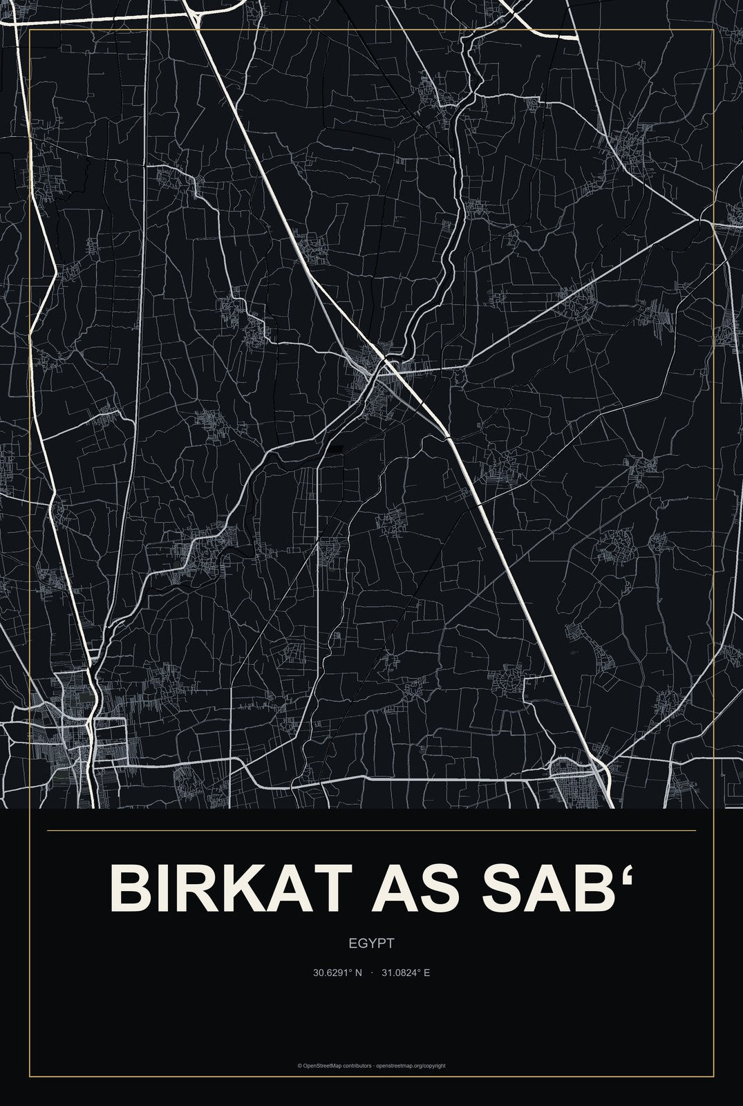 Birkat as Sab‘, Egypt City Map Aluminum Sign in Metropolitan Noir style