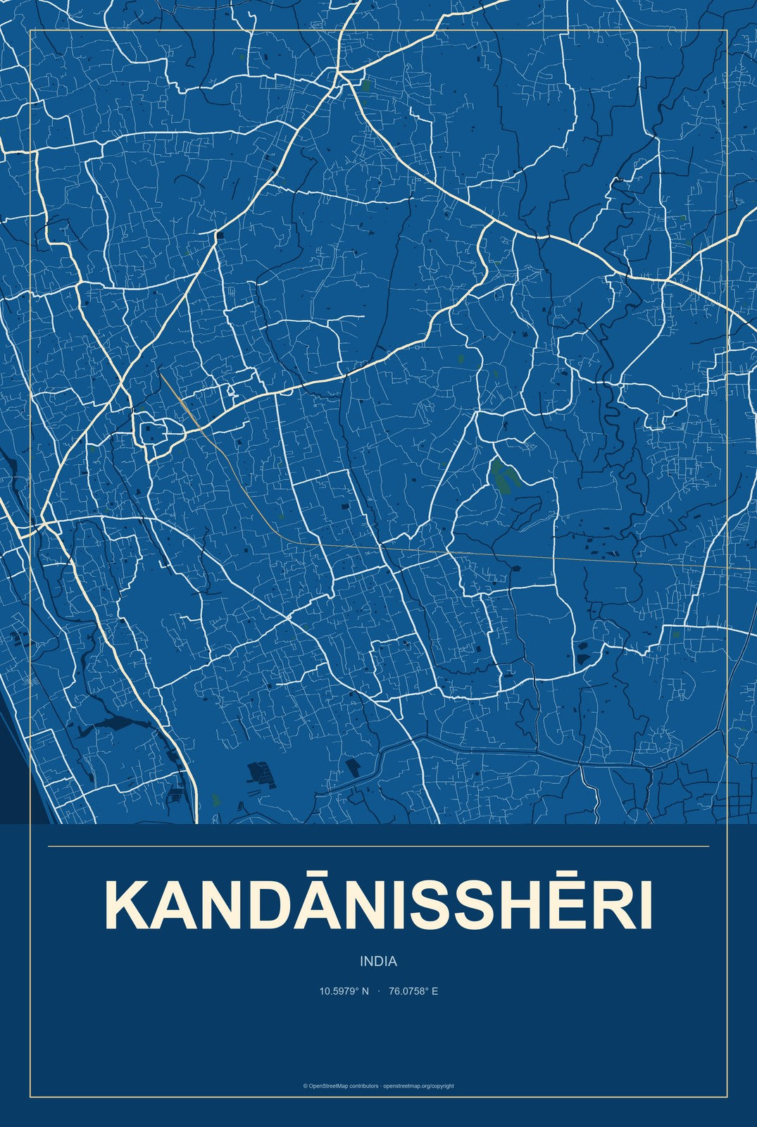 Kandānisshēri, India City Map Aluminum Sign in Harbor Cobalt style