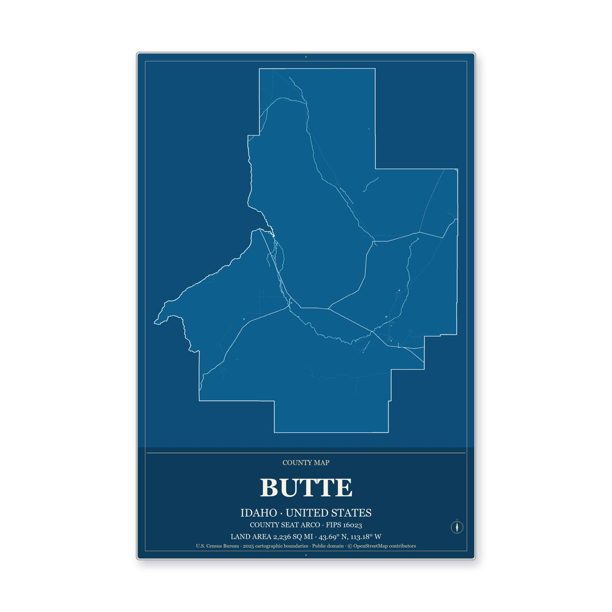 Butte County, Idaho Map Aluminum Sign in Harbor Cobalt style