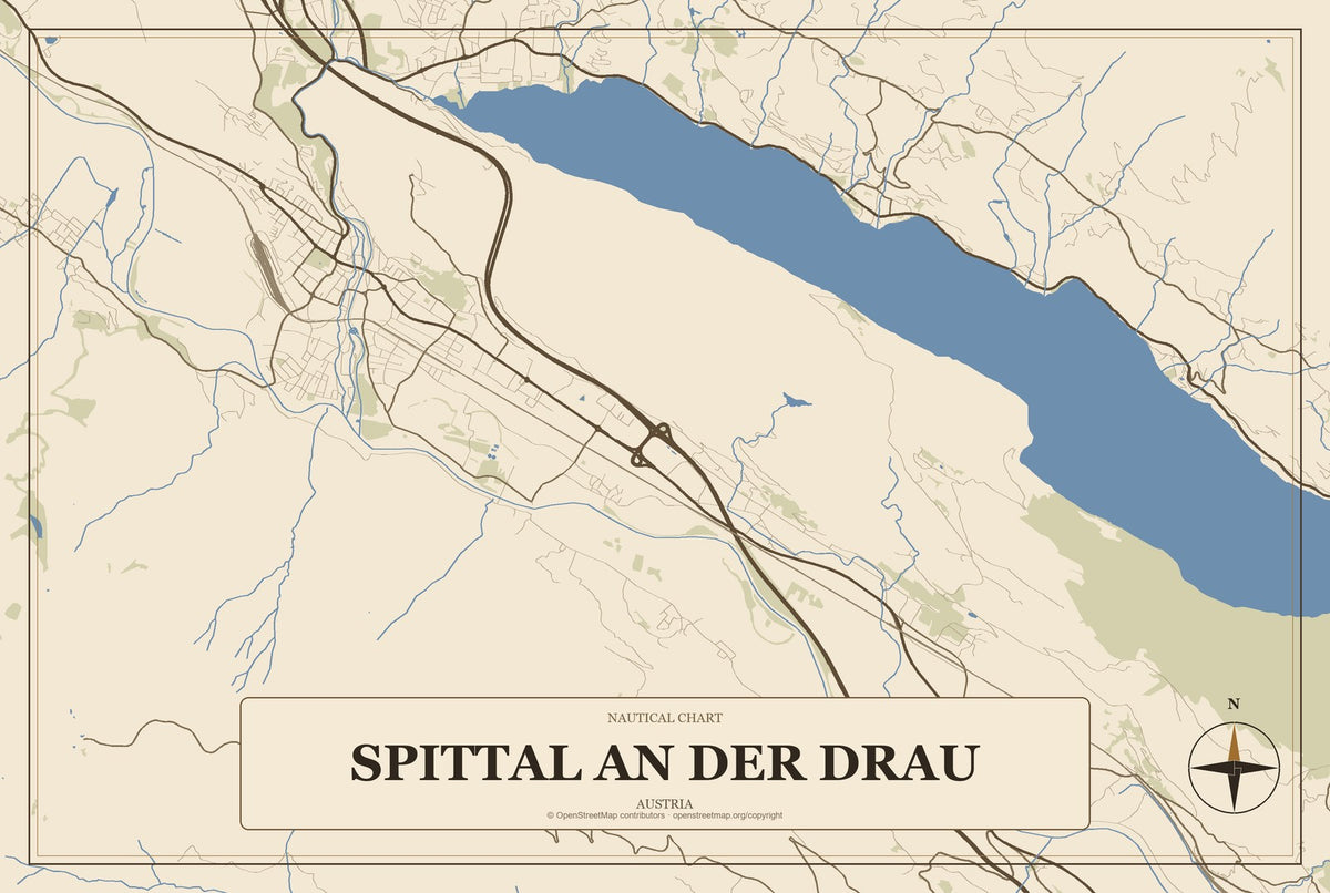 Spittal an der Drau, Austria City Map Aluminum Sign in Heritage Nautical style