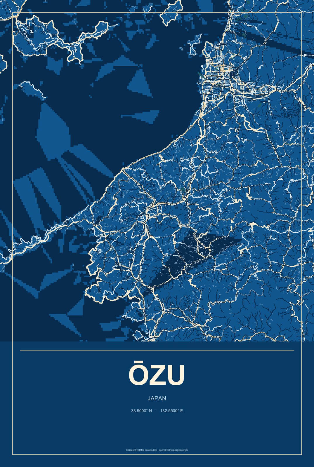 Ōzu, Kumamoto, Japan City Map Aluminum Sign in Harbor Cobalt style