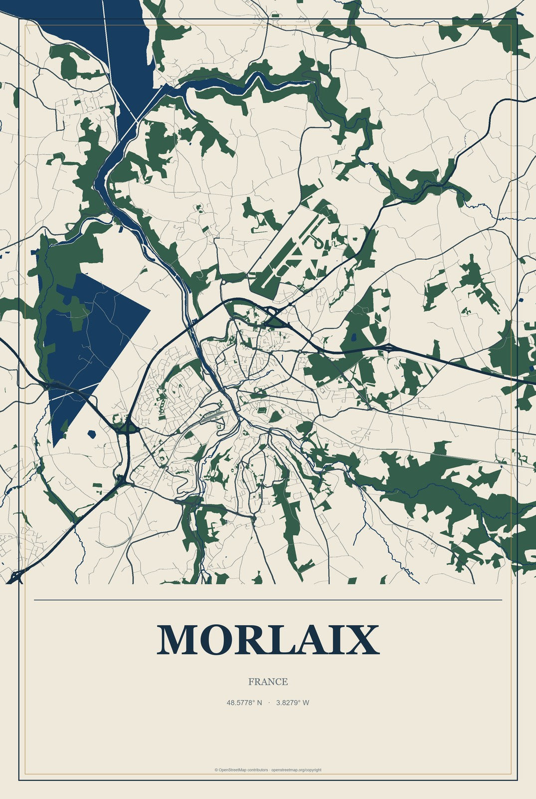 Morlaix, France City Map Aluminum Sign in Coastal Cutout style