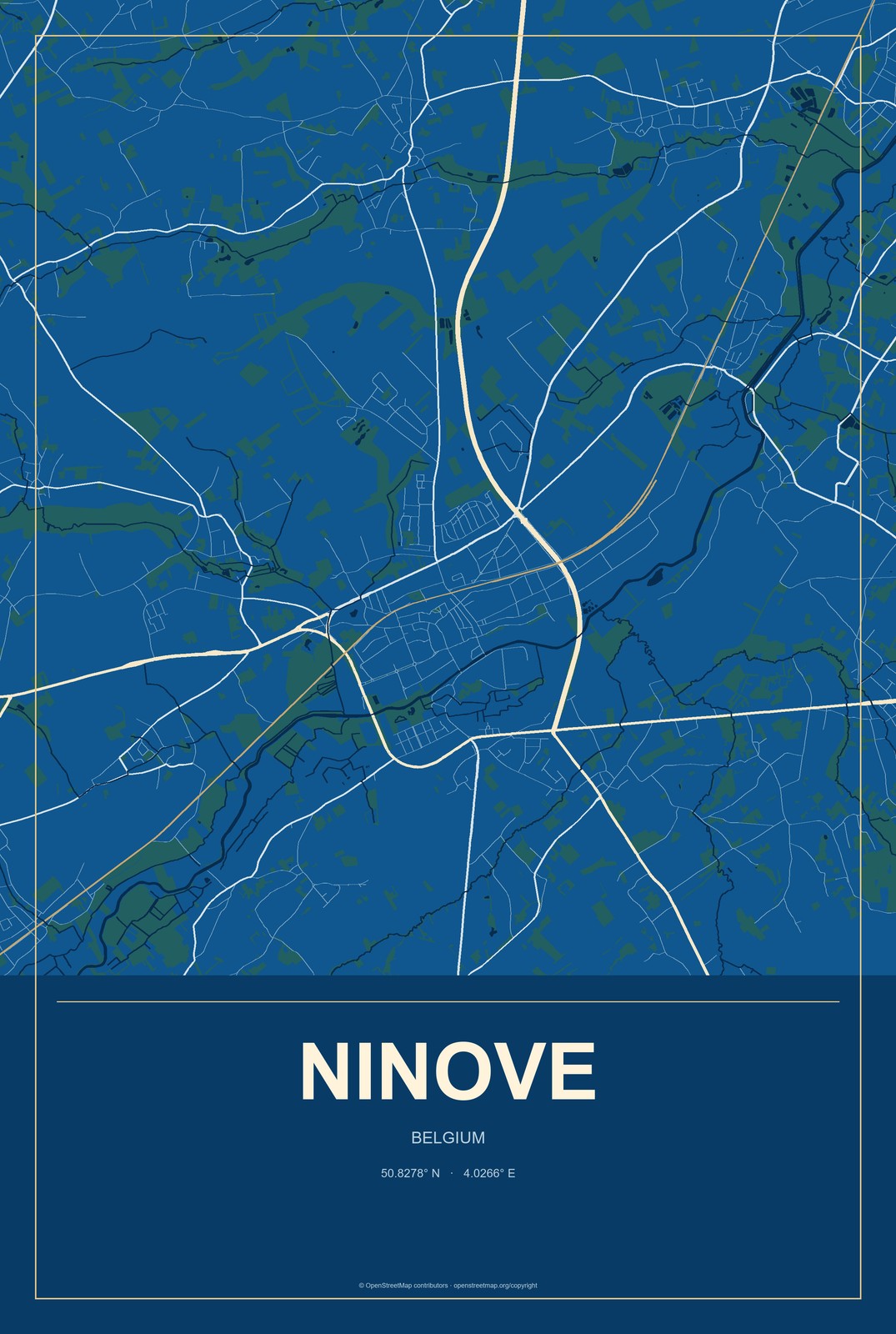 Ninove, Belgium City Map Aluminum Sign in Harbor Cobalt style