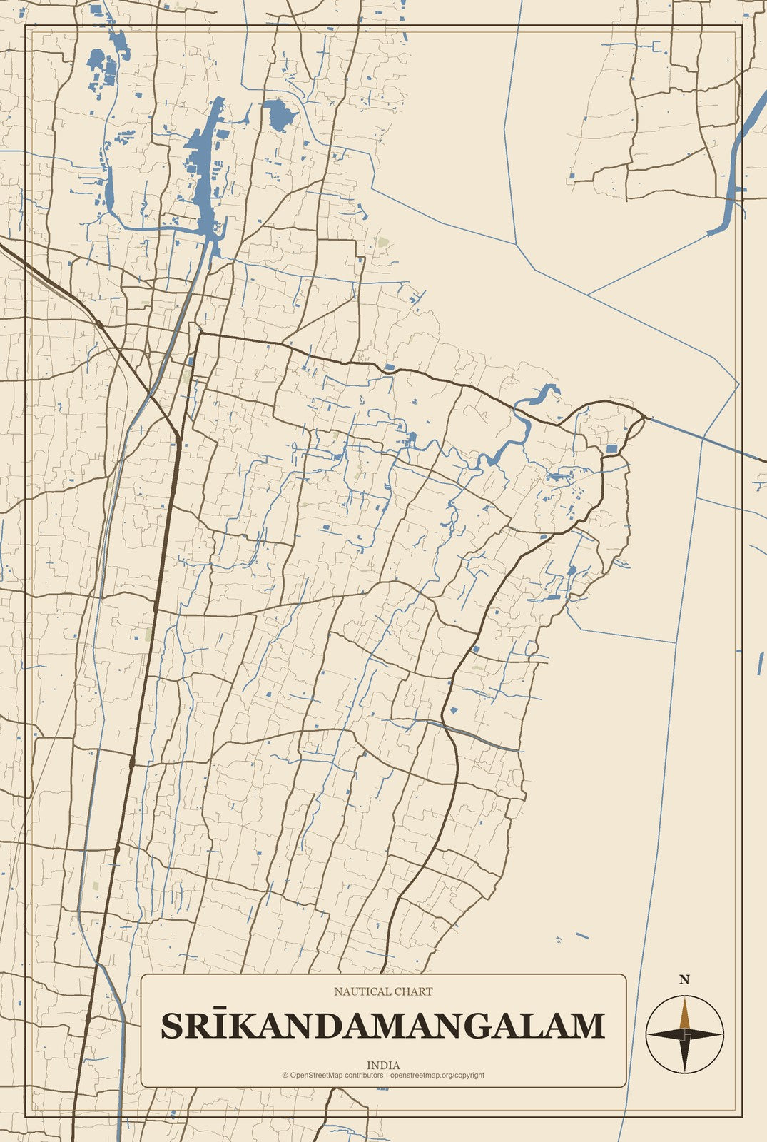 Srīkandamangalam, India City Map Aluminum Sign in Heritage Nautical style