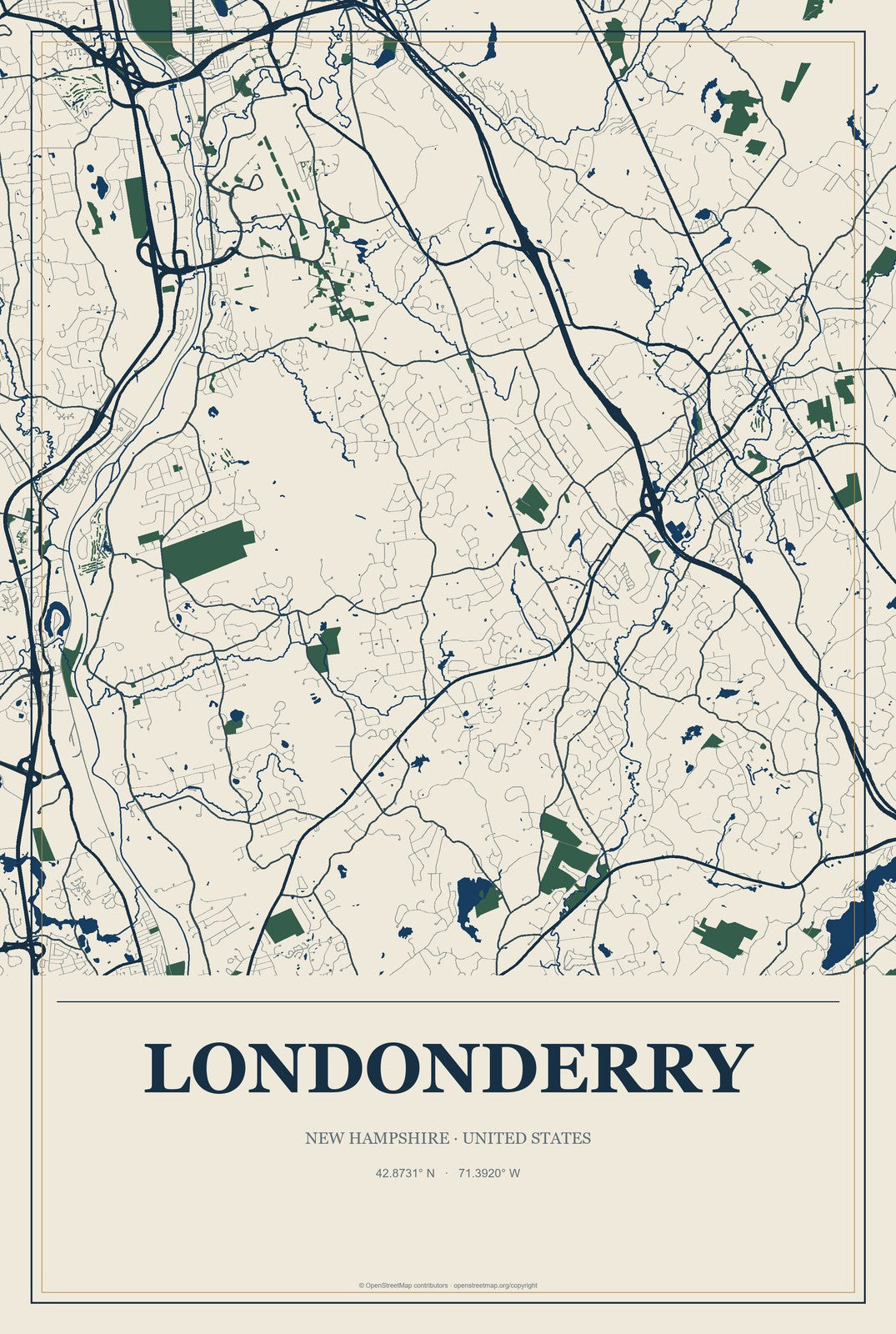 Londonderry, New Hampshire City Map Aluminum Sign in Coastal Cutout style