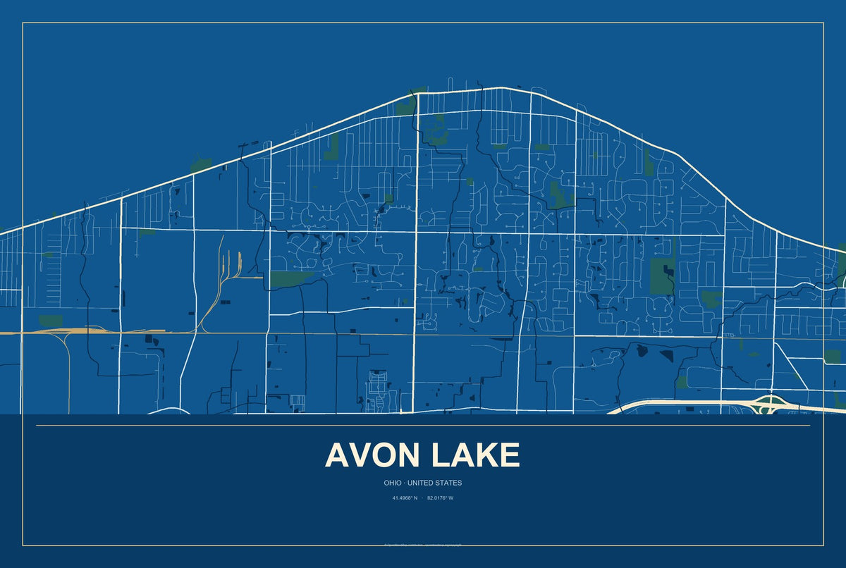 Avon Lake, Ohio City Map Aluminum Sign in Harbor Cobalt style