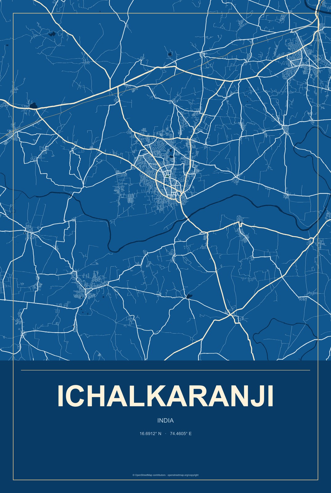 Ichalkaranji, India City Map Aluminum Sign in Harbor Cobalt style