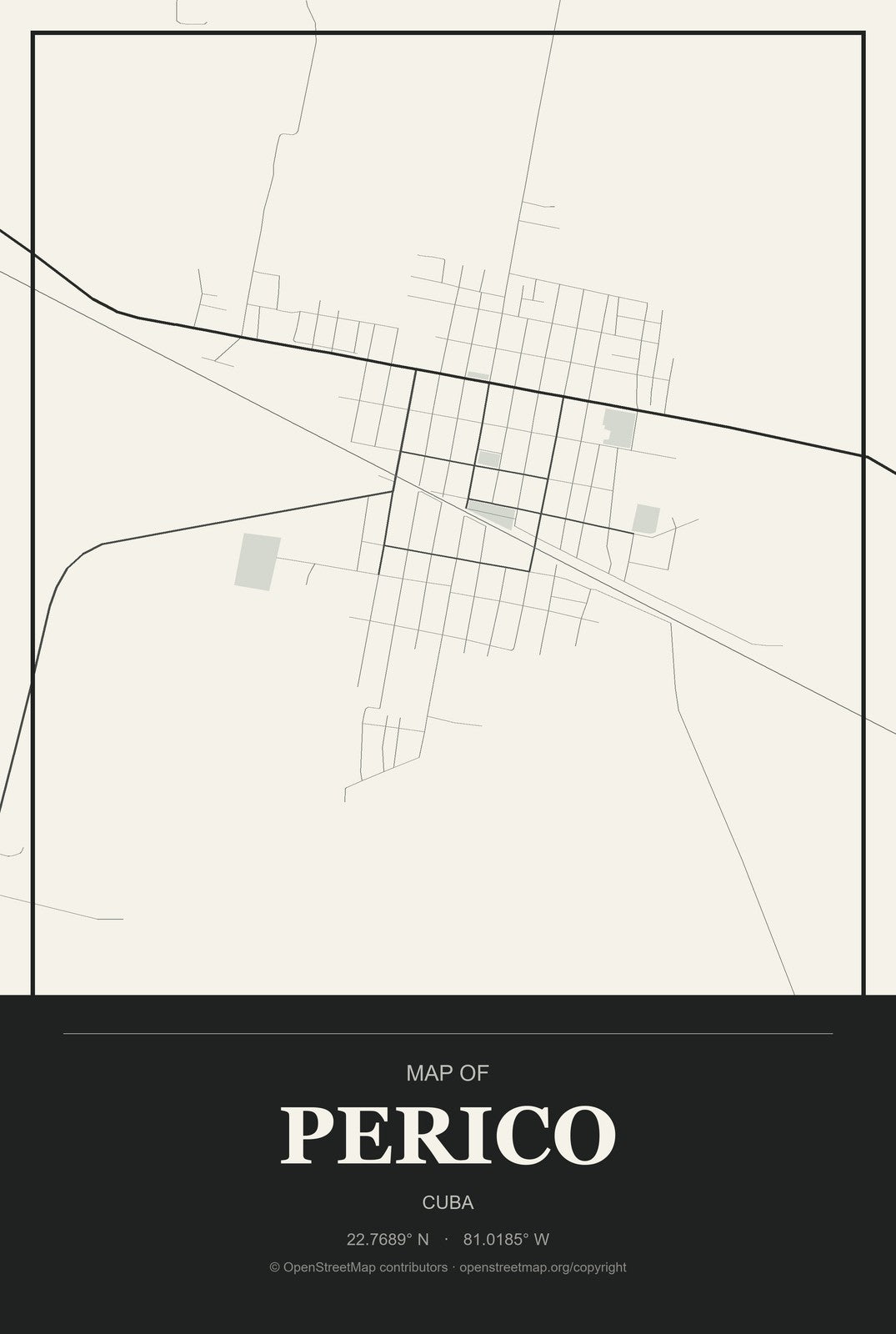 Perico, Cuba City Map Aluminum Sign in Museum Plaque style