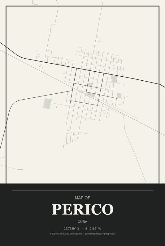 Perico, Cuba City Map Aluminum Sign in Museum Plaque style