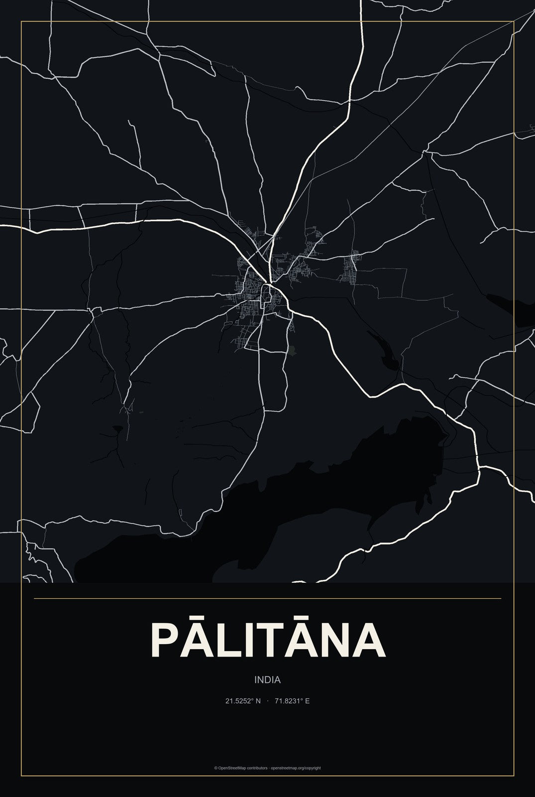 Pālitāna, India City Map Aluminum Sign in Metropolitan Noir style