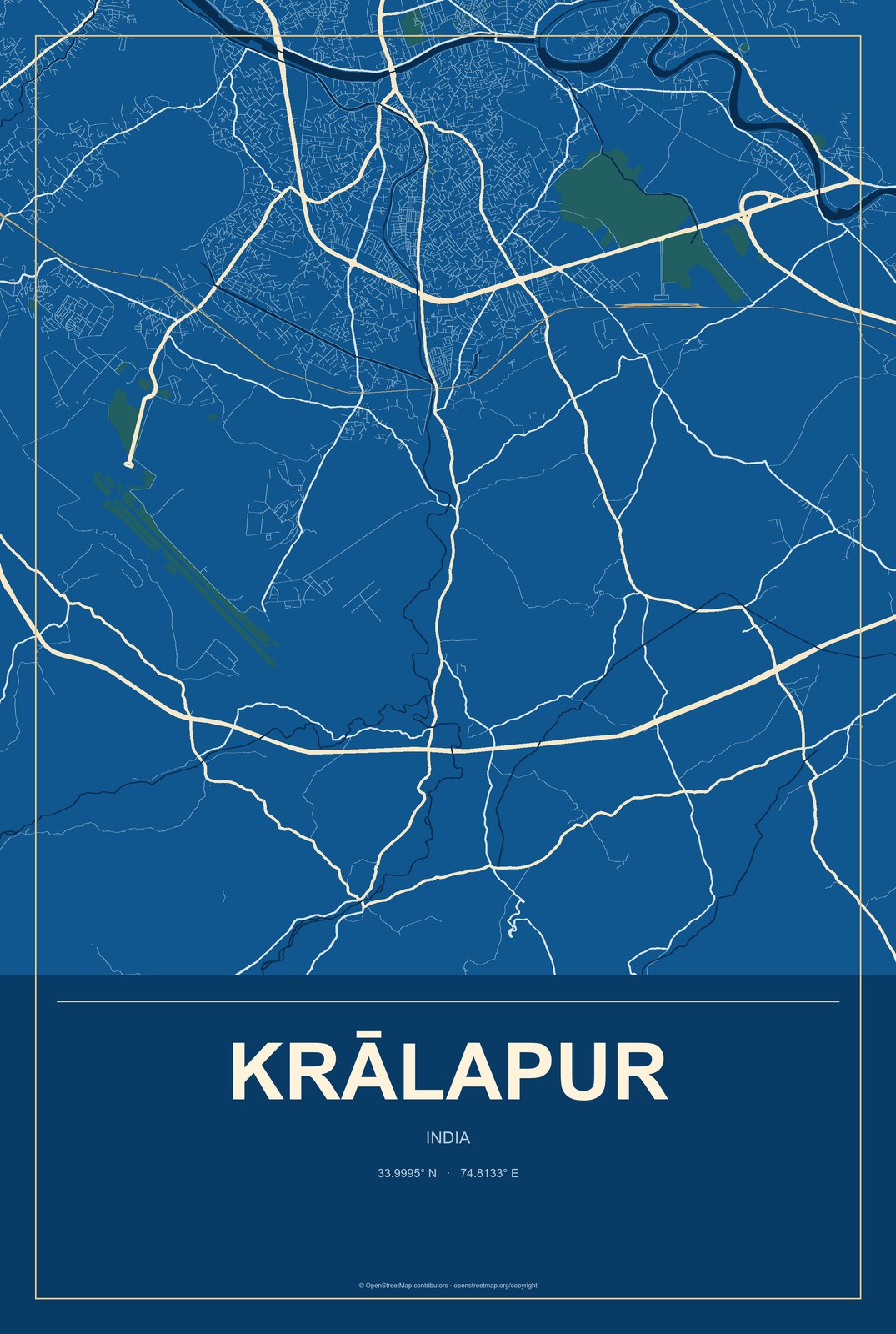 Krālapur, India City Map Aluminum Sign in Harbor Cobalt style