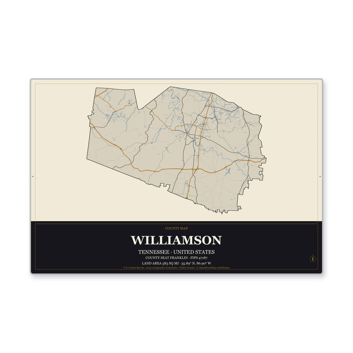 Williamson County, Tennessee Map Aluminum Sign in Museum Plaque style