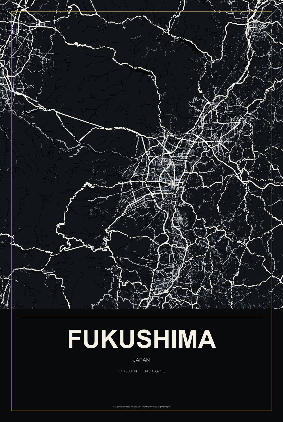 Fukushima, Japan City Map Aluminum Sign in Metropolitan Noir style