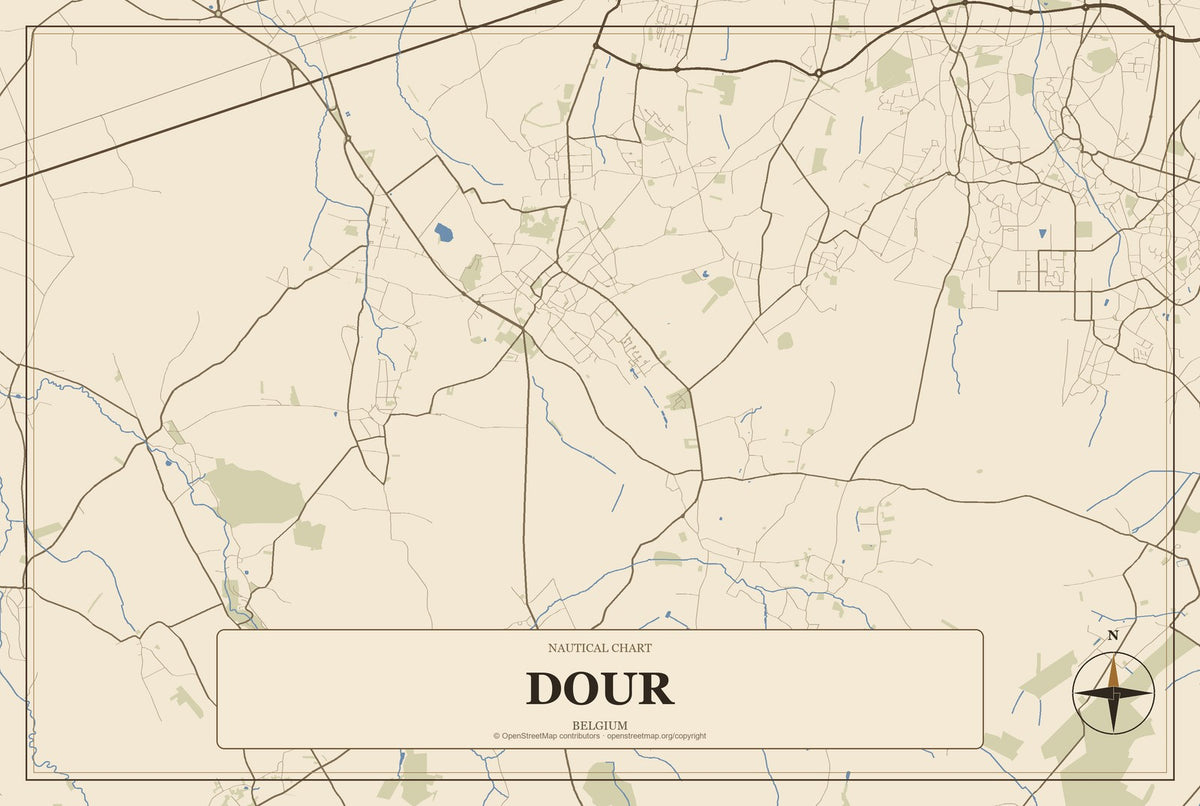 Dour, Belgium City Map Aluminum Sign in Heritage Nautical style