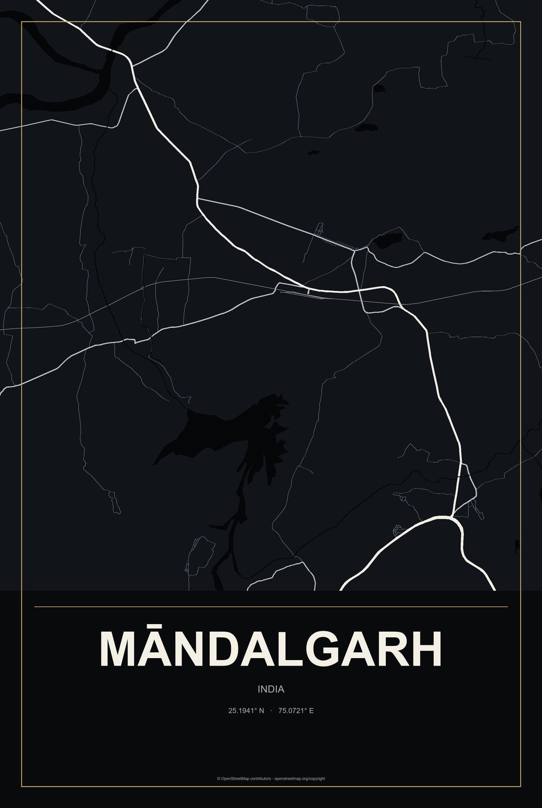 Māndalgarh, India City Map Aluminum Sign in Metropolitan Noir style