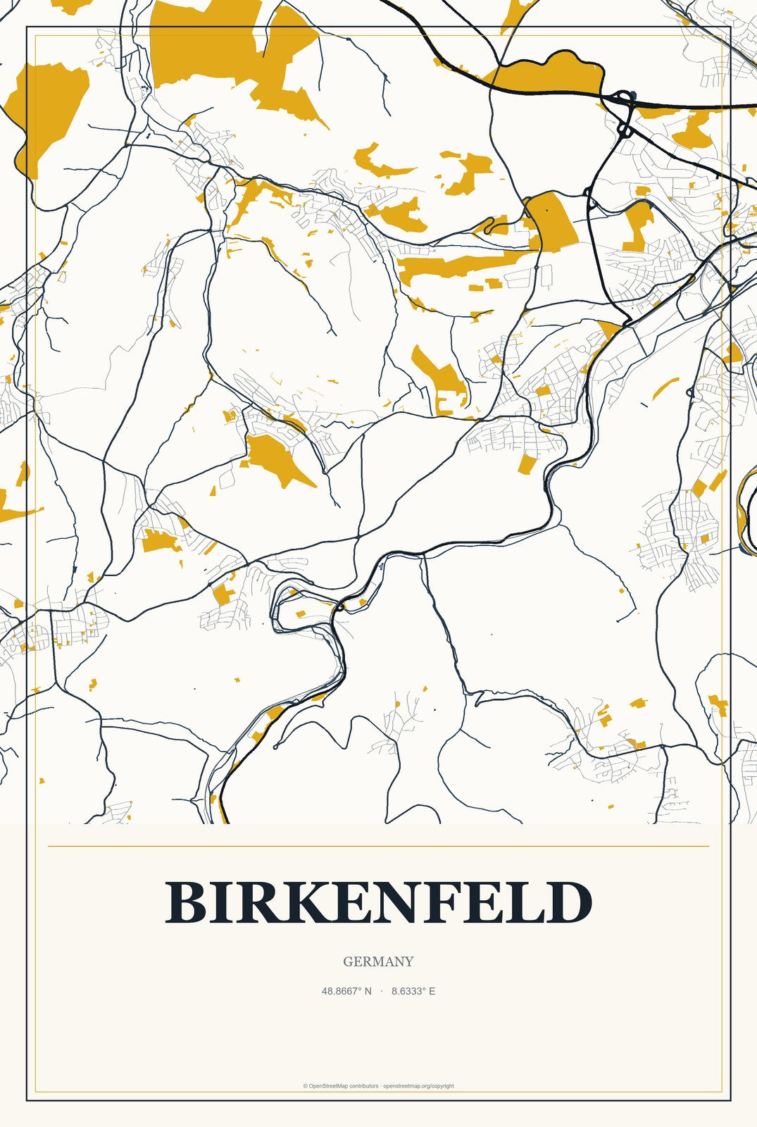 Birkenfeld, Germany City Map Aluminum Sign in Citrine Modern style