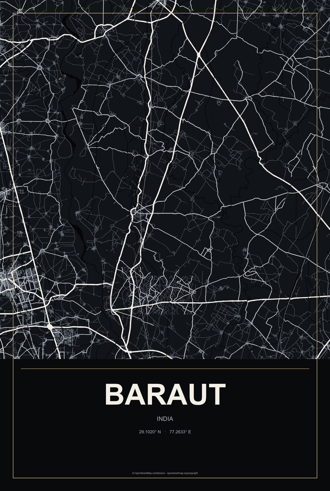 Baraut, India City Map Aluminum Sign in Metropolitan Noir style