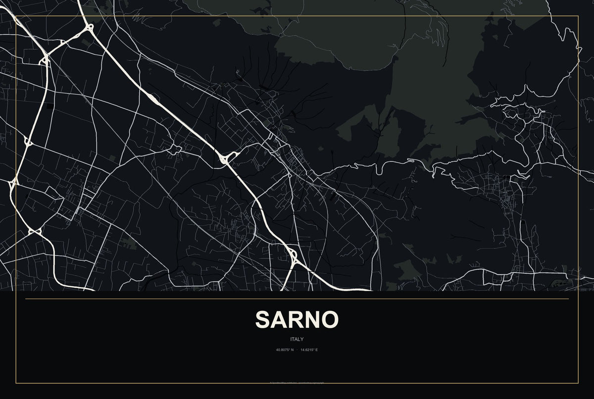Sarno, Italy City Map Aluminum Sign in Metropolitan Noir style