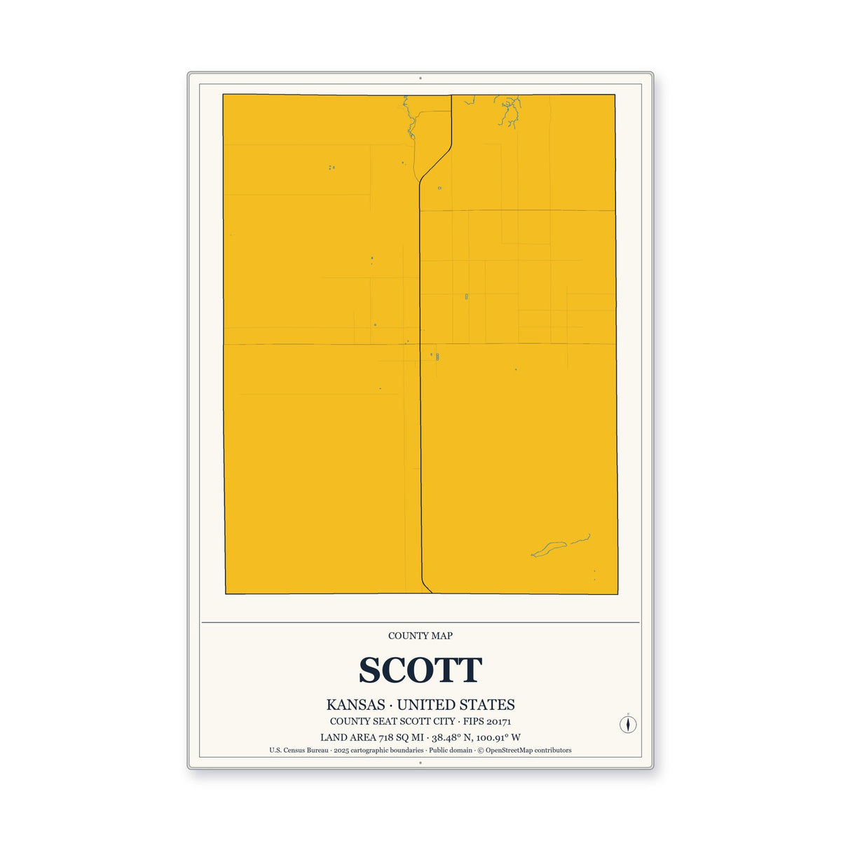 Scott County, Kansas Map Aluminum Sign in Citrine Modern style