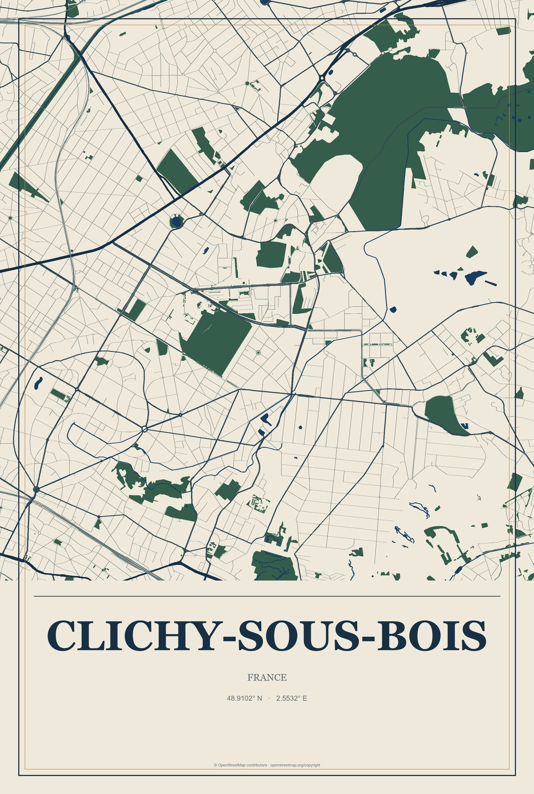 Clichy-sous-Bois, France City Map Aluminum Sign in Coastal Cutout style