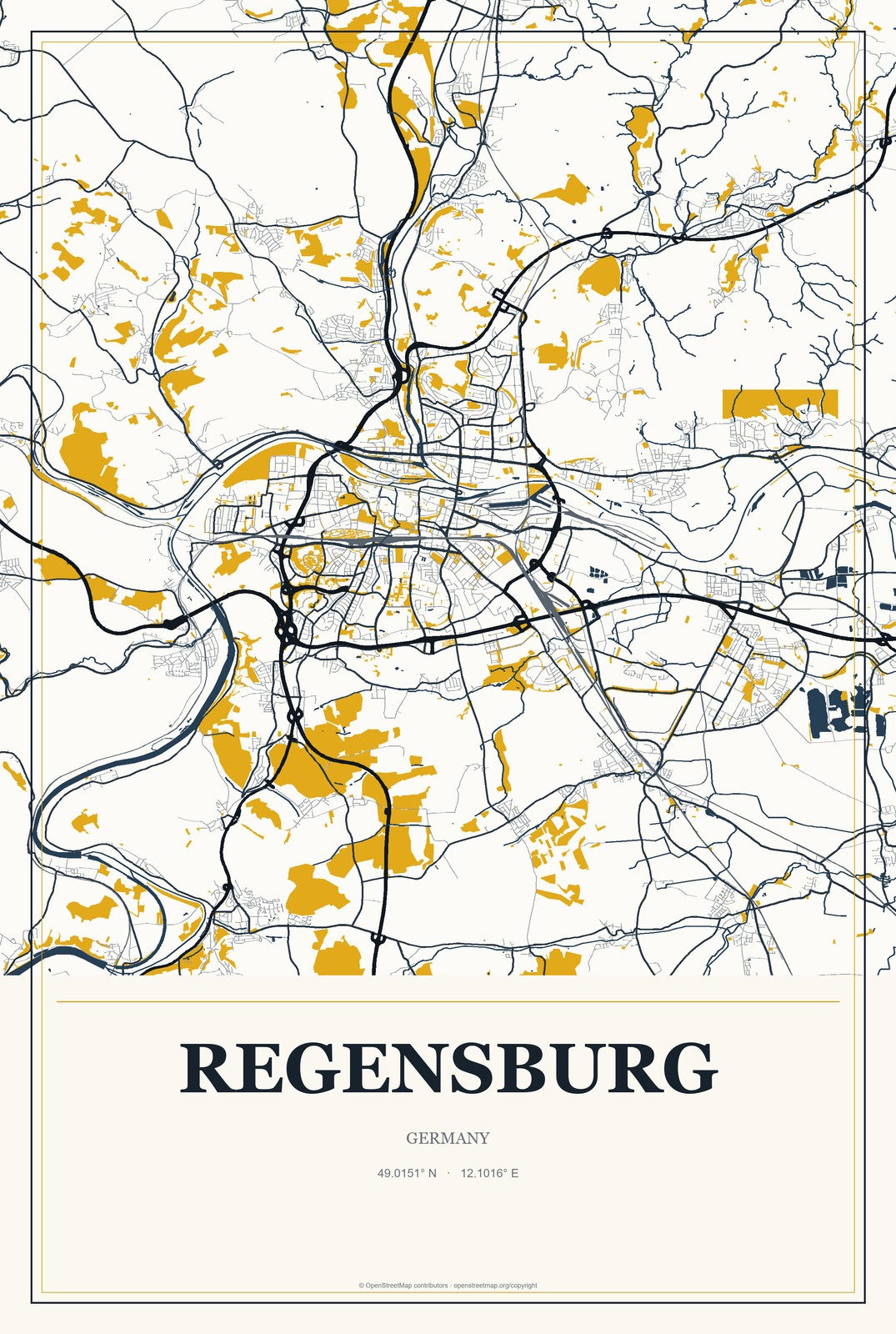 Regensburg, Germany City Map Aluminum Sign in Citrine Modern style