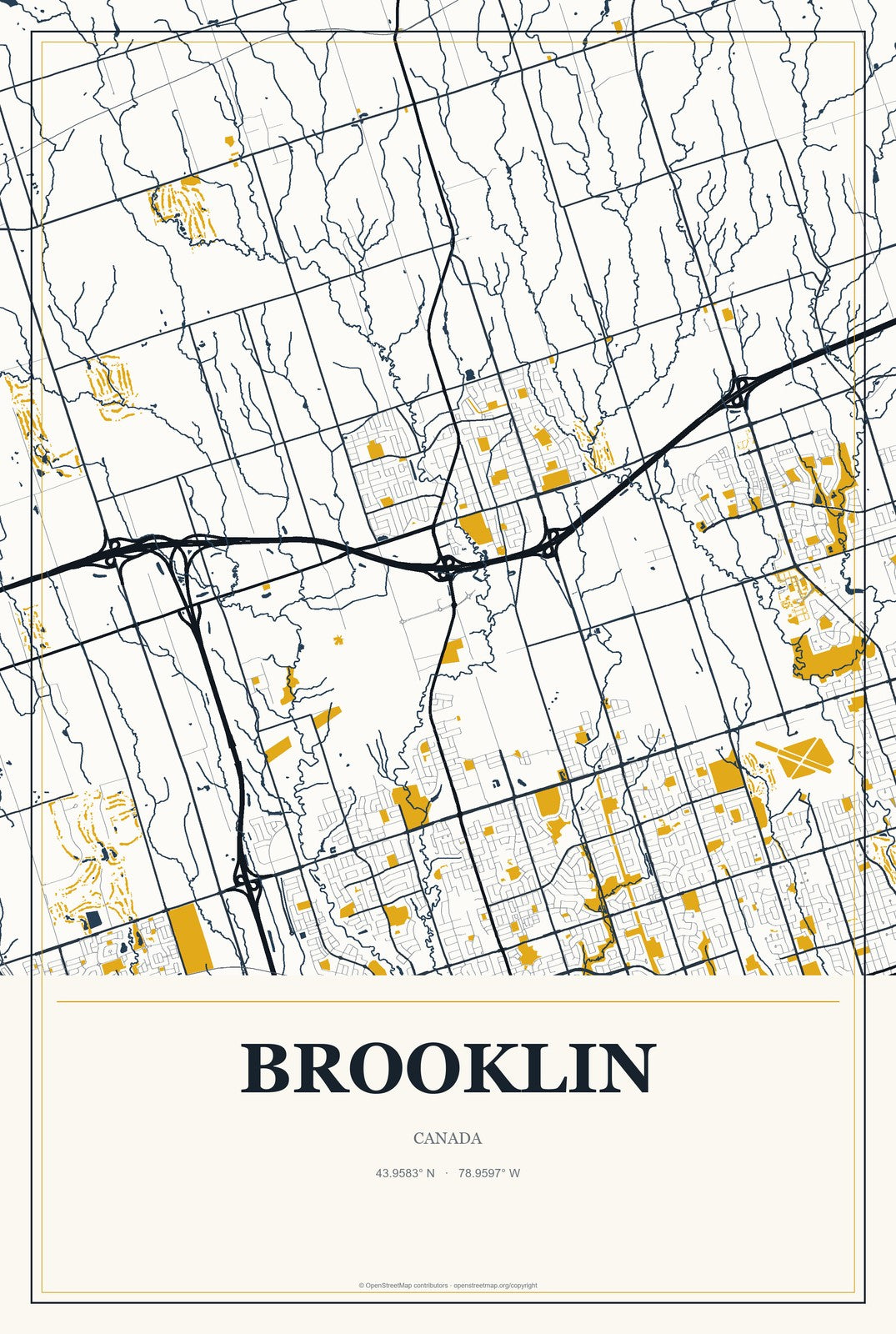 Brooklin, Canada City Map Aluminum Sign in Citrine Modern style