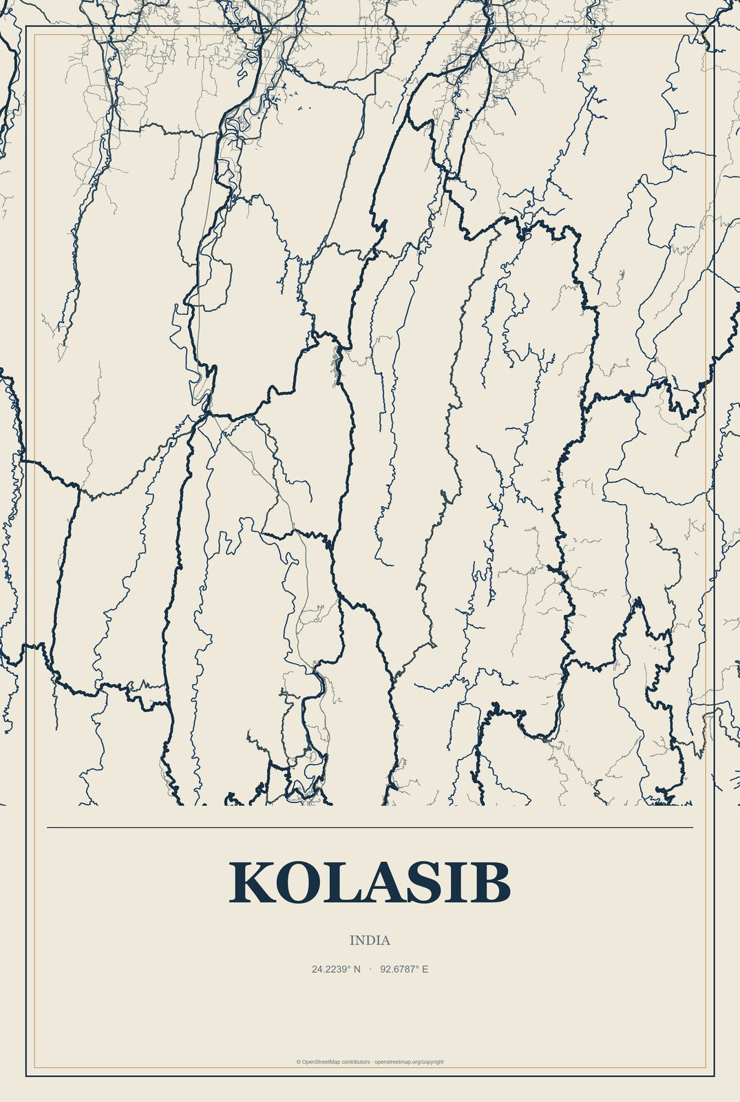 Kolasib, India City Map Aluminum Sign in Coastal Cutout style